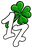 A cartoon-style green four-leaf clover graphic layered over large white numbers 1 and 7 with black outlines, on a solid black background.